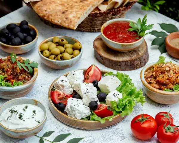 Un banchetto di piatti tipici grecia: feta fresca, olive nere e verdi, salsa di pomodoro, melanzane e pane pita.