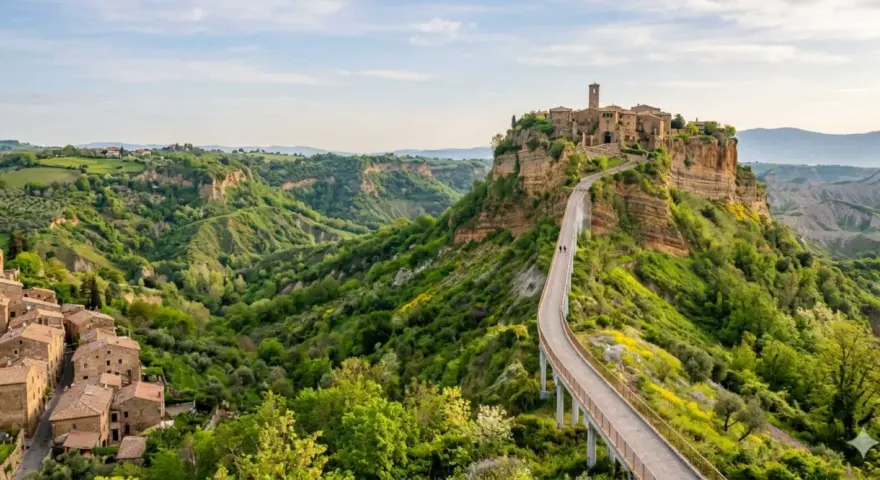 Civita di Bagnoregio, un borgo medievale su un'isola di tufo, raggiungibile tramite un lungo ponte pedonale.