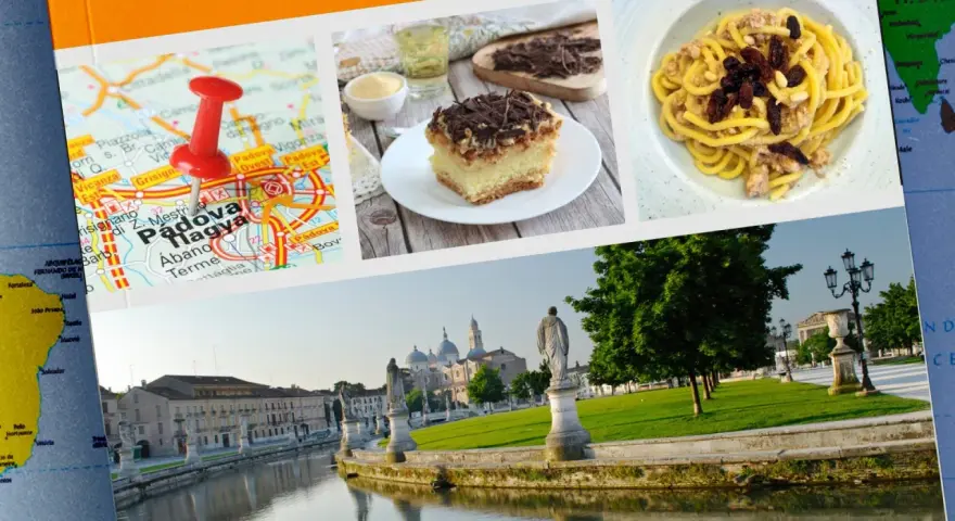 Mappa di Padova con spillo, torta e pasta. Scopri dove mangiare a Padova spendendo poco, tra sapori locali e panorami mozzafiato.