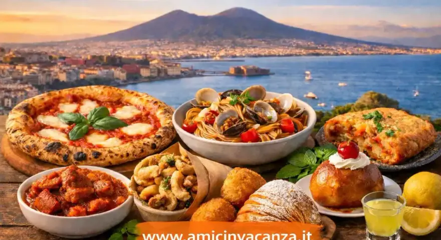 Un assaggio di cosa mangiare a Napoli: pizza, spaghetti alle vongole, fritture, babà e sfogliatella, con il Vesuvio sullo sfondo.