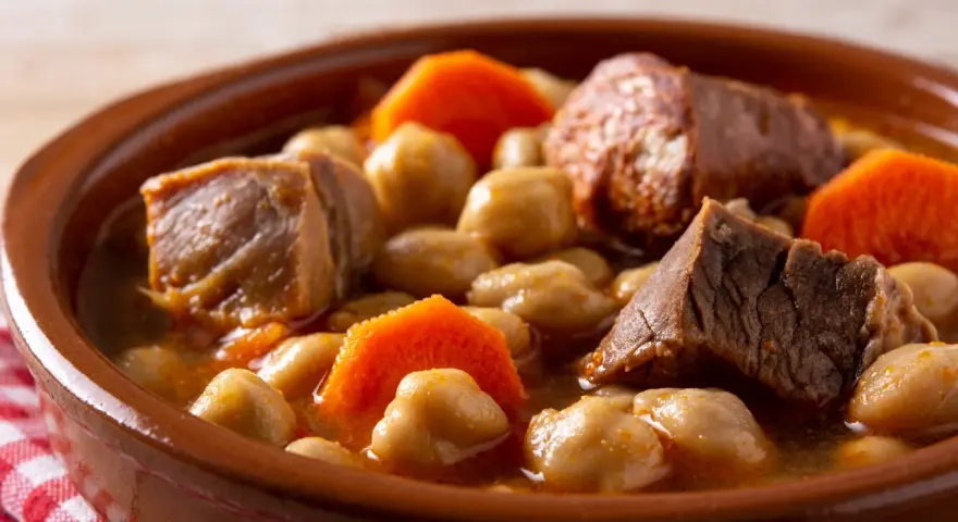 Un saporito cocido madrileño, uno dei piatti tipici di Madrid, con ceci, carne e carote in una ciotola di terracotta.