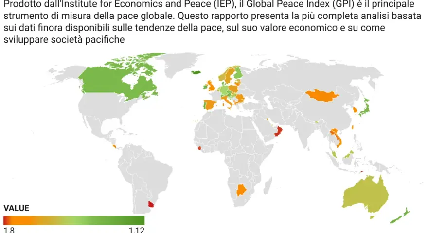Mappa del mondo che evidenzia i paesi più sicuri, con tonalità verdi per le nazioni più pacifiche e arancioni/rosse per quelle meno sicure.