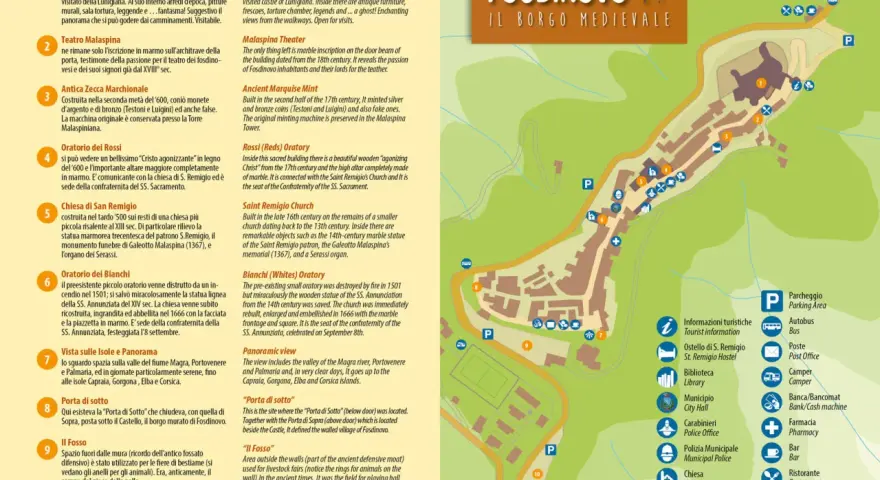 Mappa di Fosdinovo, borgo medievale, con indicati castello, chiese, oratori e punti panoramici.