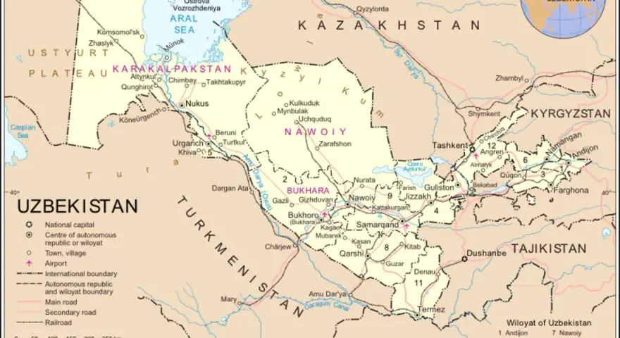 La mappa mostra dove si trova l'Uzbekistan, circondato da Kazakistan, Kirghizistan, Tagikistan, Afghanistan e Turkmenistan, con il Mar d'Aral a nord.