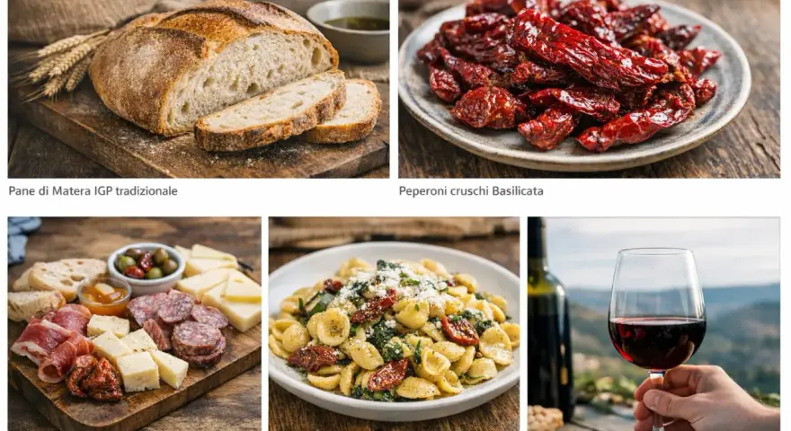 Pane di Matera, orecchiette e salumi: un assaggio dei piatti tipici di Matera, con peperoni cruschi e vino Aglianico.