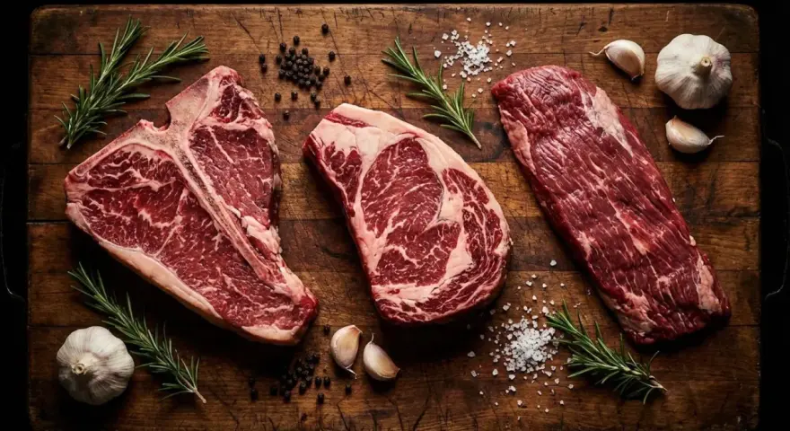 Tre succulente bistecche, tra cui una fiorentina, pronte per essere grigliate a Firenze. Rosmarino, aglio e pepe completano la scena.