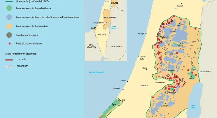 Mappa che illustra dove si trova la Palestina, con zone sotto controllo palestinese, israeliano e insediamenti.