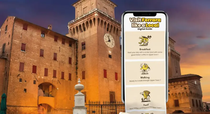 Ferrara cosa vedere in un giorno: una guida digitale mostra colazione, passeggiata e cibo, con il Castello Estense sullo sfondo.