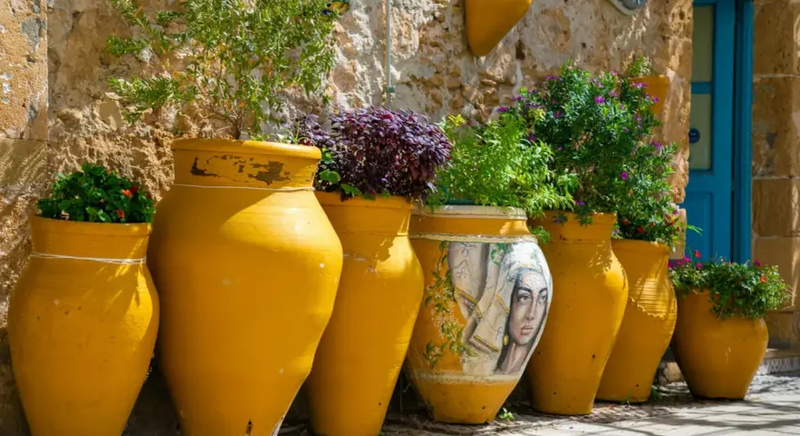 Vasi gialli decorati con un volto femminile, piante rigogliose e un muro in pietra: scorci suggestivi di Bagheria cosa vedere.