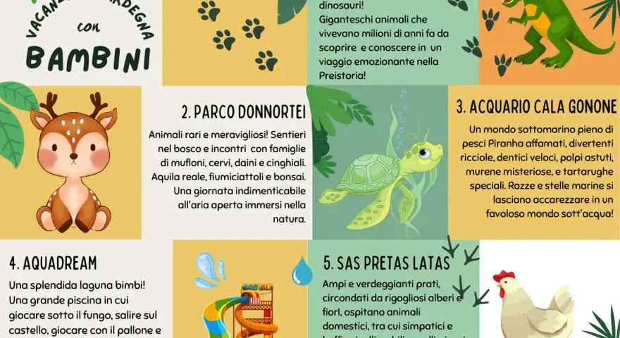 Vacanze in Sardegna con bambini: dinosauri, animali, acquario, parco acquatico e fattoria.
