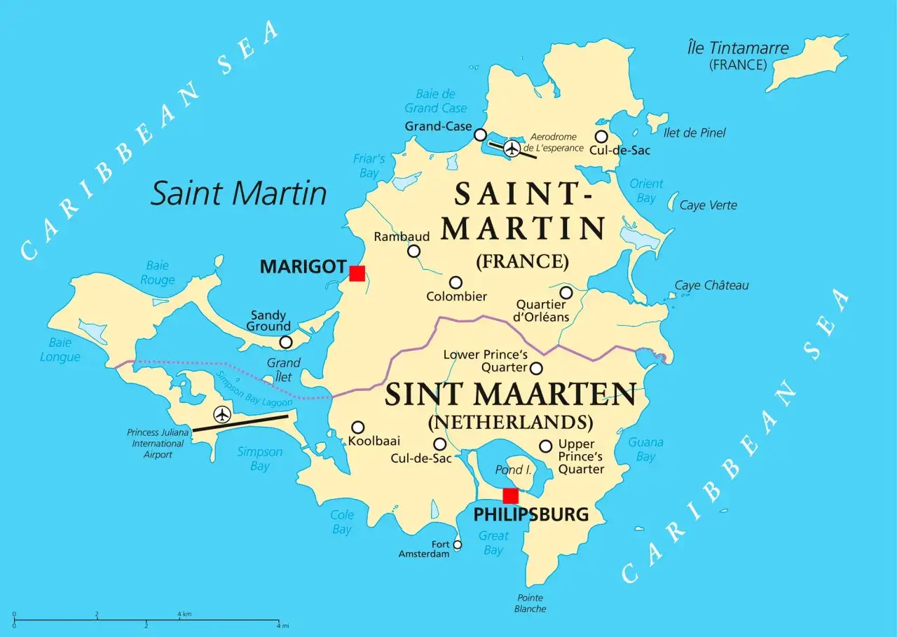 Mappa di Saint Martin, un'isola divisa tra Francia e Paesi Bassi nei Caraibi. Mostra Marigot, Philipsburg e altre località.