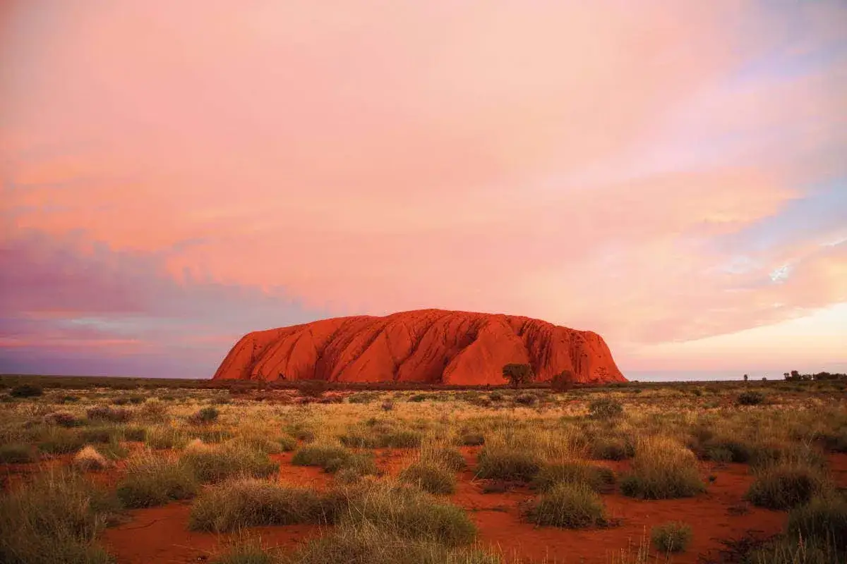 Uluru al tramonto, un'icona da vedere in Australia. Il cielo rosa e l'imponente roccia rossa creano uno spettacolo indimenticabile.
