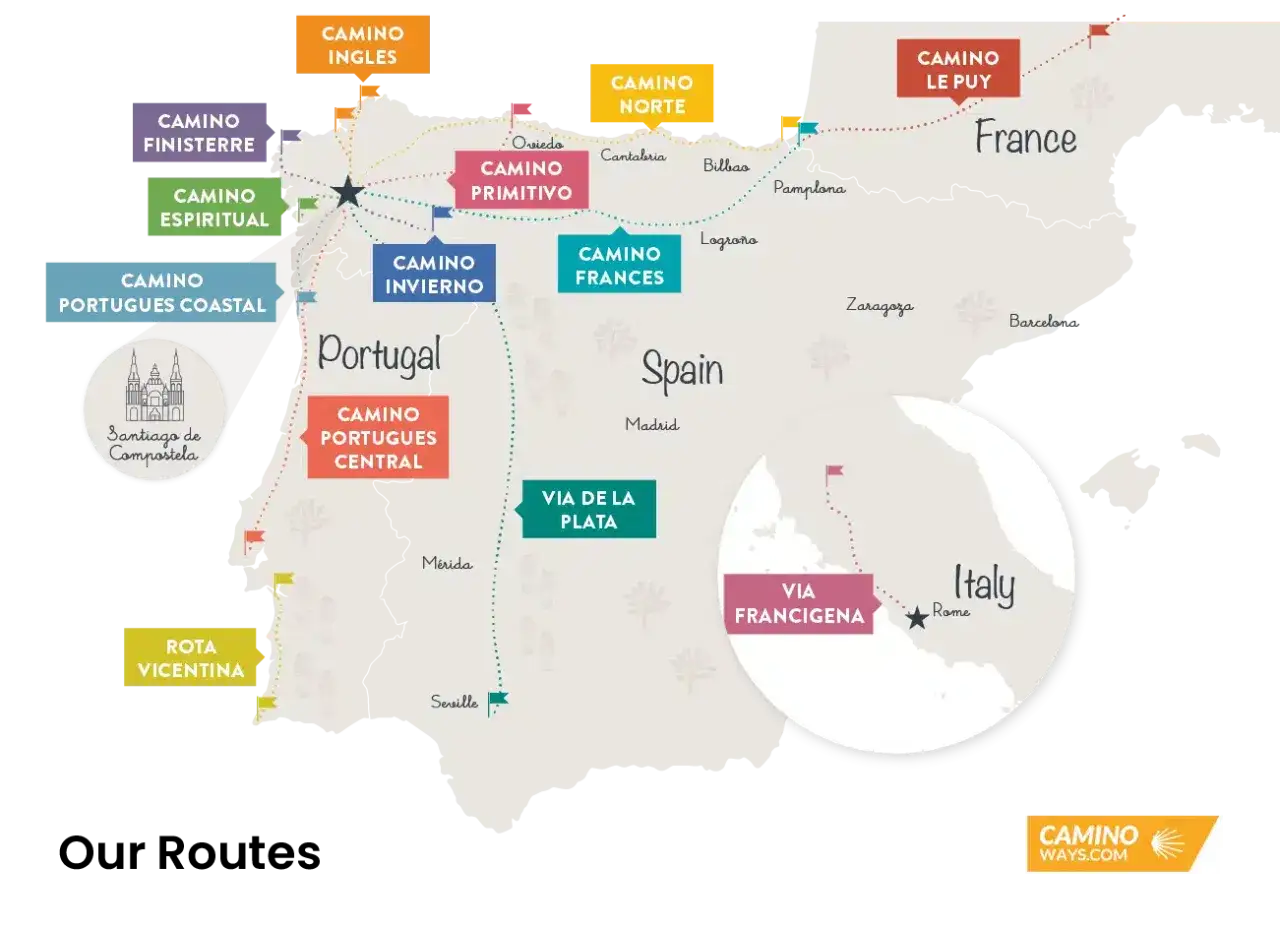 Mappa delle rotte del Cammino di Santiago e altre vie di pellegrinaggio in Europa, con indicati i vari percorsi e le città principali.