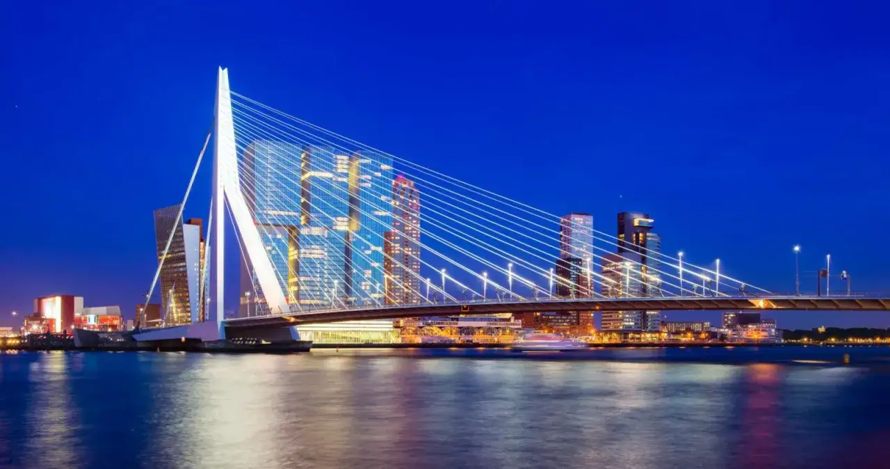 Il ponte Erasmus illumina la notte di Rotterdam, un simbolo iconico di cosa vedere in citt&agrave;.