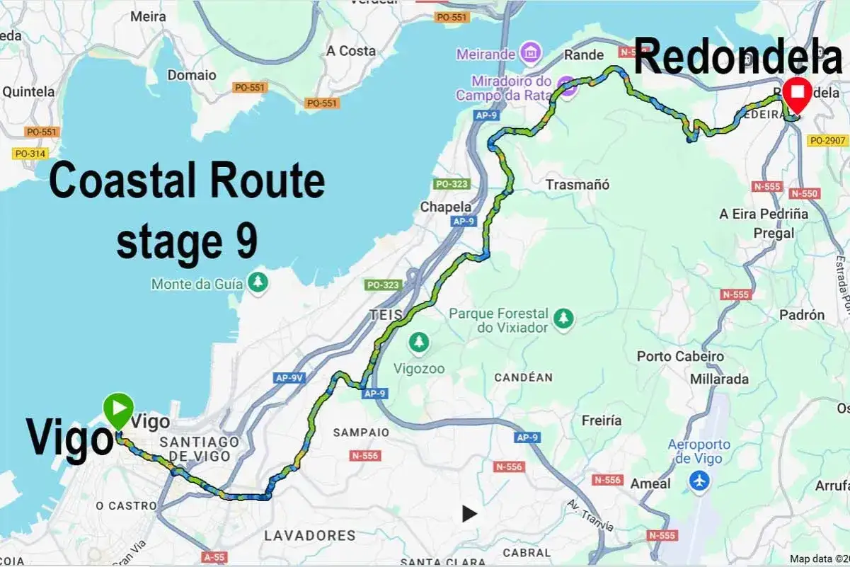 Mappa della nona tappa costiera del Cammino di Santiago, da Vigo a Redondela.