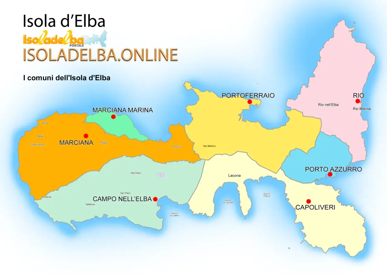 Mappa dell'Isola d'Elba con i comuni e i nomi delle localit&agrave;. Perfetta per pianificare le tue vacanze e scoprire le spiagge dell'isola d'Elba.