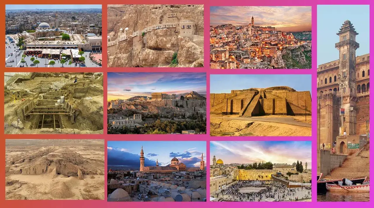 Mosaico di antiche città e siti archeologici, tra cui Damasco e Gerusalemme, che evocano la storia della città più antica del mondo.