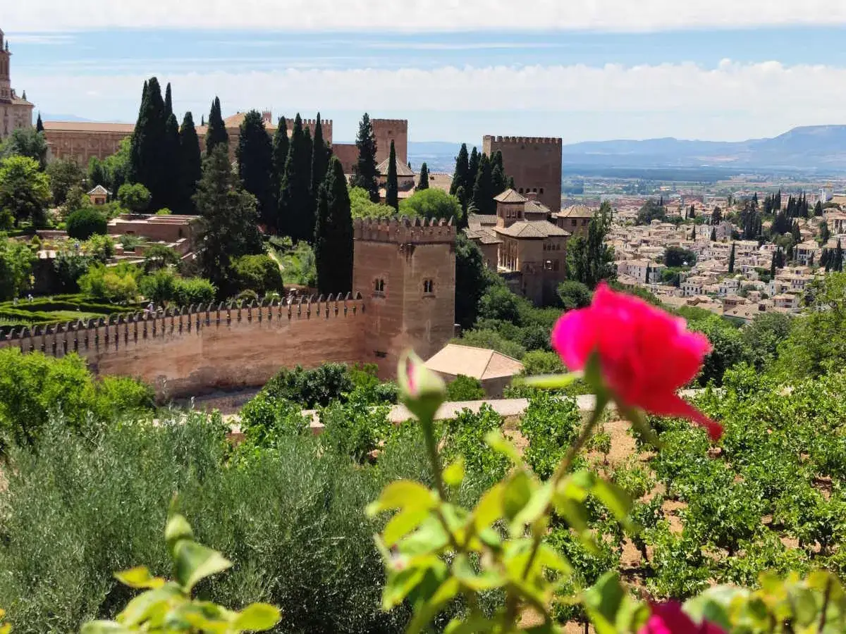Un giorno a Granada: la maestosa Alhambra domina la città bianca, circondata da giardini lussureggianti e una rosa fucsia in primo piano.