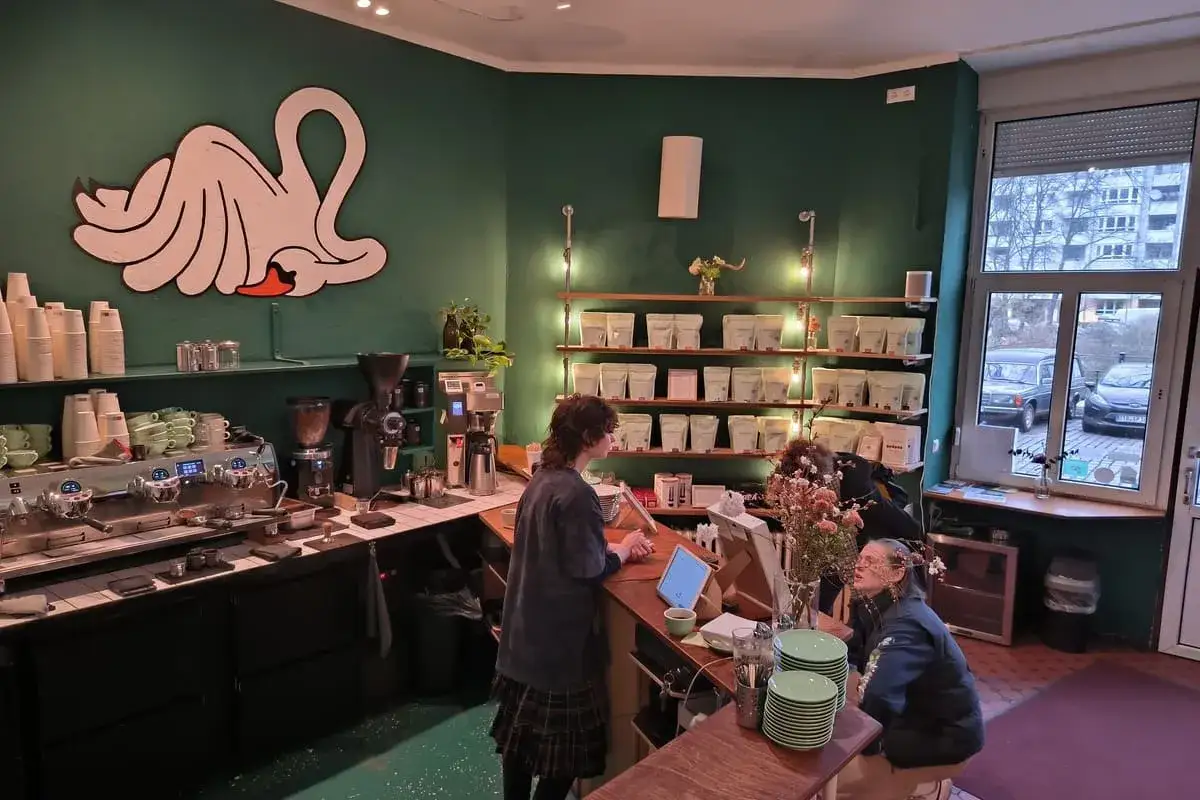 Un caffè accogliente a Berlino, con un'illustrazione di cigno stilizzato e scaffali pieni di pacchetti di caffè. Ottimo per scoprire cosa fare a Berlino.