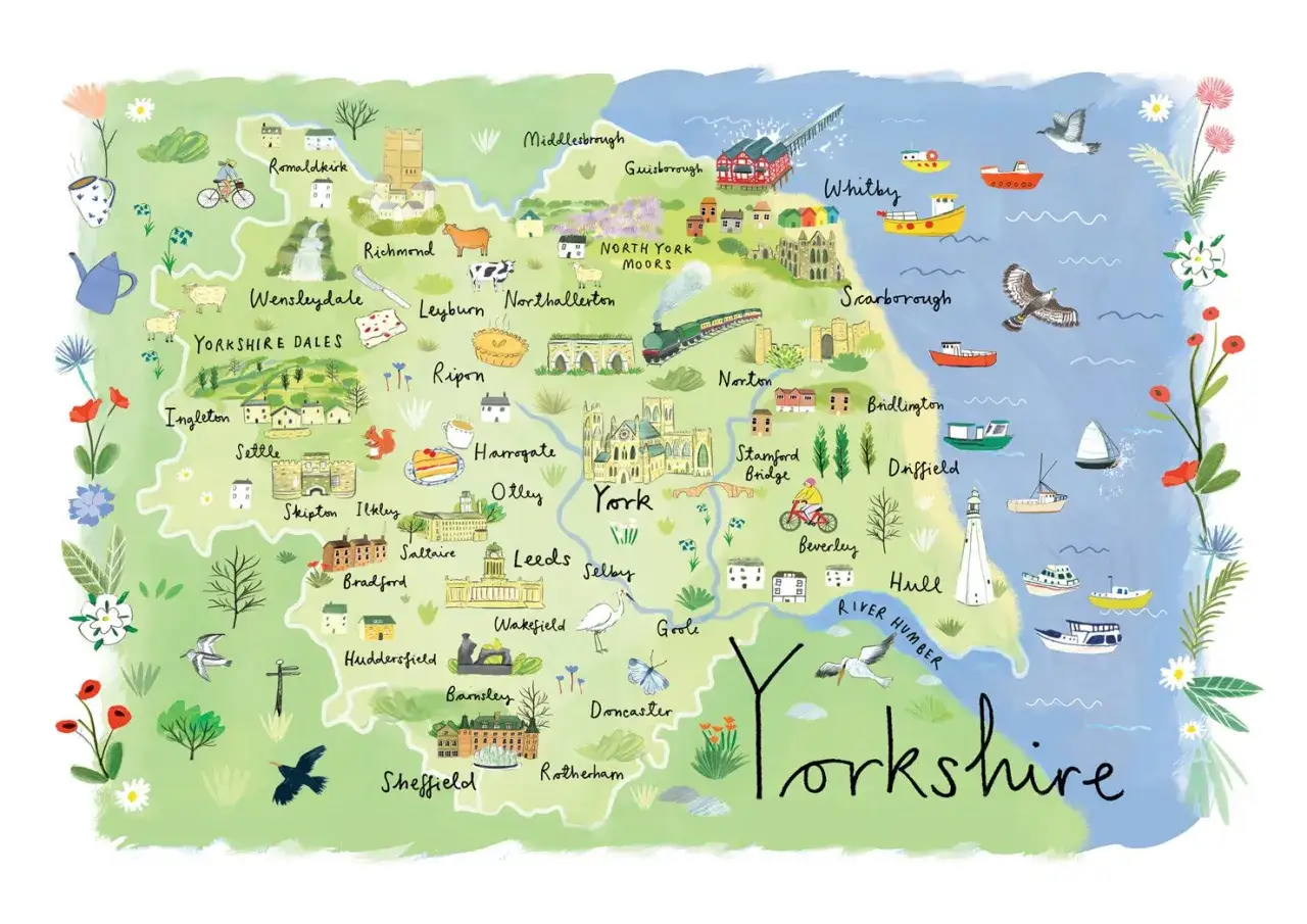 Mappa illustrata dello Yorkshire, con città come York, Leeds, Hull, Scarborough e Whitby, e paesaggi come le Yorkshire Dales e i North York Moors.