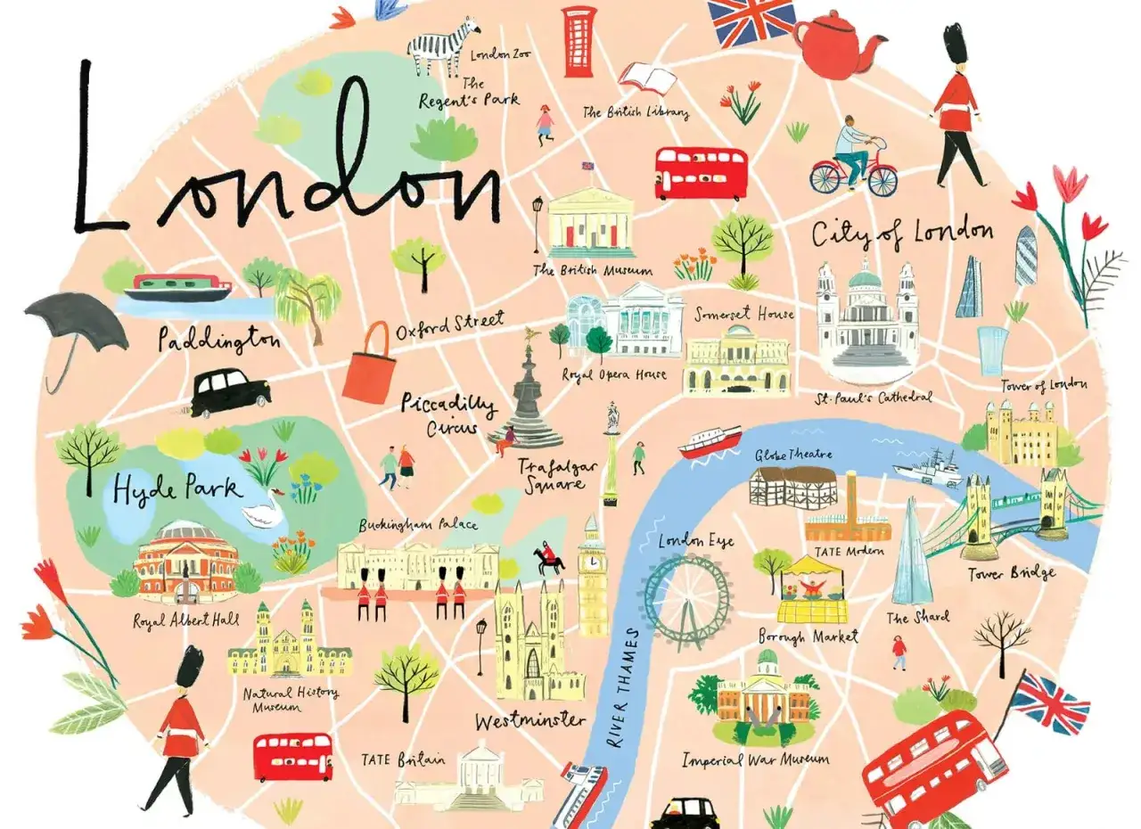 Mappa illustrata di Londra con icone di monumenti, parchi e mezzi di trasporto, perfetta per chi vuole viaggiare a Londra.