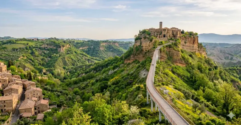 Civita di Bagnoregio, un borgo medievale su un'isola di tufo, raggiungibile tramite un lungo ponte pedonale.