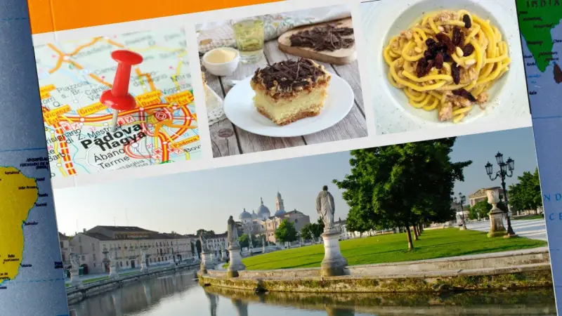 Mappa di Padova con spillo, torta e pasta. Scopri dove mangiare a Padova spendendo poco, tra sapori locali e panorami mozzafiato.