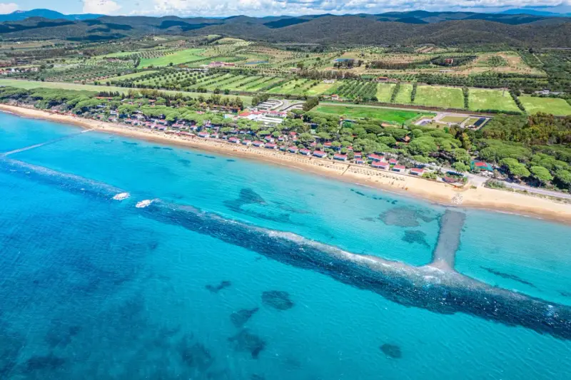 Vista aerea di una spiaggia dorata e del mare cristallino a Castiglione della Pescaia, con pineta e campi verdi sullo sfondo.